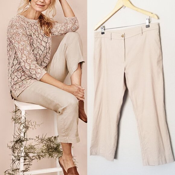 J Jill Linen Stretch Straight-Leg Cropped Trousers Pants Size 14 Flax Beige Tan - Picture 3 of 14